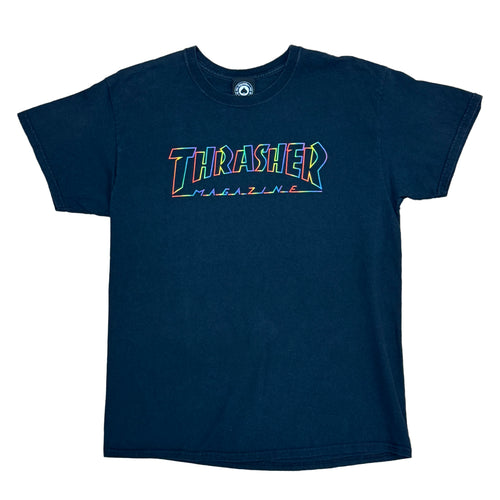 BLACK SHORT SLEEVE SHIRT WITH THRASHER MAGAZINE ON THE FRONT IN RAINBOW WRITING