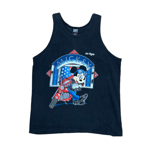 MICKEY MOUSE TANK WITH GRAPHIC OF RED WHITE AND BLUE FLAG AND MICKEY LEANING ON A RED MOTORCYCLE