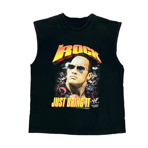 BLACK TANK OF THE ROCK LOGO AND HIS FACE ON THE FRONT THAT SAYS JUST BRING IT