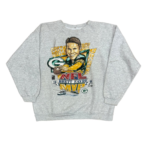 GRAY LONG SLEEVE CREWNECK SWEATSHIRT WITH BRETT FAVRE ON THE FRONT WITH NFL MVP LOGO THAT SAYS 1995