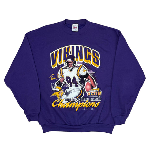 purple pullover sweatshirt with graphic of vikings on front with randy moss on the front and says 1998 nfc central division champions