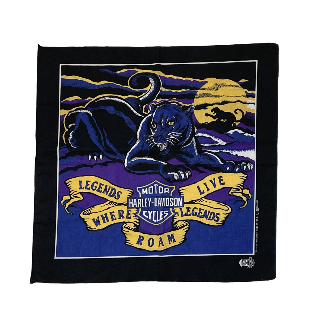 harley davidson black bandana with a black panther with the harley davidson logo and banners around saying legends live where legends roam. with a moon in the background