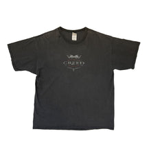 Load image into Gallery viewer, SMALL HOLE ON RIGHT SIDE OF COLLAR. creed band weathered tour 2002-2003. logo in the center. dark grey short sleeve shirt.
