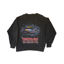 Load image into Gallery viewer, back of the crewneck. continuation of front image. back of the car that is smashing through the wall with words below saying the intimidator in red.
