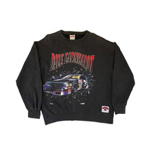 Load image into Gallery viewer, dark grey pullover sweatshirt. dale earnhardt name in red with front of the car smashing through a wall. nutmeg tag at the bottom left.
