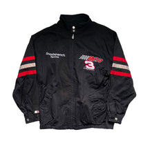 Load image into Gallery viewer, BLACK RACING JACKET OF DALE EARNHARDT ZIP UP WITH 2 BUTTON CLOSURES AT THE COLLAR. 3 STRIPES ON EACH ARM RED, TAN, RED. GOODWRENCH SERVICES EMBROIDERED ON THE RIGHT CHEST. RCR WITH CHECKERED FLAG AND NUMBER 3 AND DALE&#39;S SIGNATURED ALL EMBROIDERED ON LEFT CHEST. 2 POCKETS. POCKET CLOSURES ON WRIST
