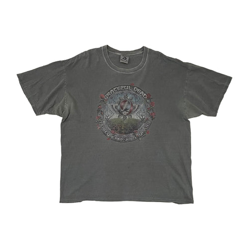 grey grateful dead logo shirt. with circle of grateful dead logo in the center and the writing around the circle of grateful dead forty 1965-2005 years. with roses on the side.of the circle