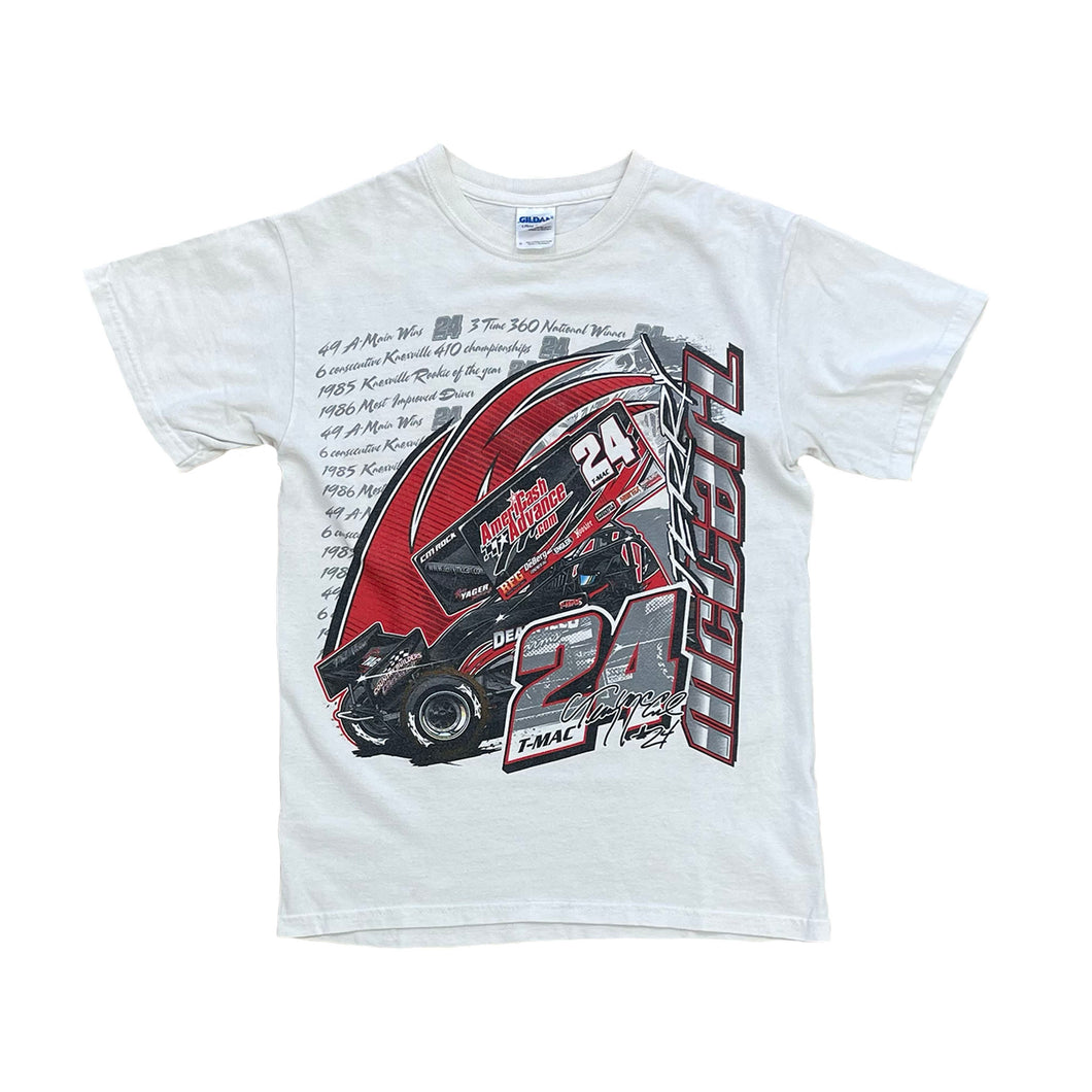 WHITE SHORT SLEEVE SHIRT WITH RACE CAR ON FRONT WITH NUMBER 24 ANDT-MAC WRITTEN ON SIDE