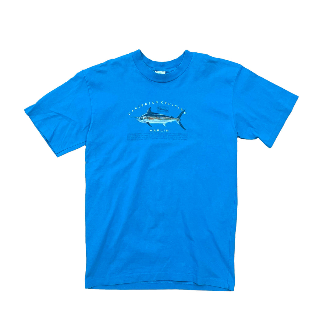 BRIGHT BLUE SHIRT WITH MARLIN ON FRONT SHORT SLEEVE. CARIBBEAN CRUISING.