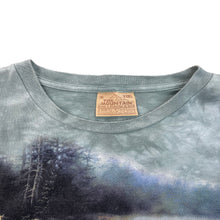 Load image into Gallery viewer, photo of the mountain shirt tage on the collar. says xxxl the mountain dyed and printed in usa. 100% cotton finished in the usa.
