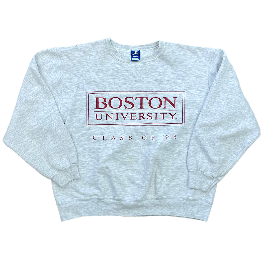 HEATHER GRAY PULLOVER SWEATSHIRT. HAS THE BOSTON UNIVERSITY LOGO ACROSS CHEST AND SAYS 