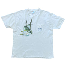 Load image into Gallery viewer, WHITE T-SHIRT WITH BREAST POCKET ON ELFT SIDE WITH A BIG FISH ON THE FRONT
