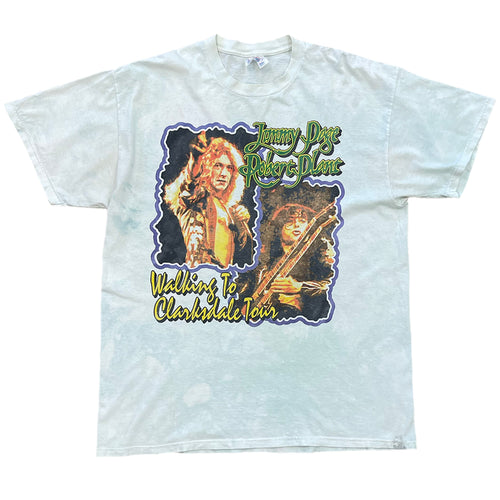 short sleeve dye green shirt. photo of jimmy page and robert plant with tour name: walking to clarksdale tour