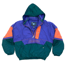 Load image into Gallery viewer, STARTER JACKET QUILTED WINDBREAKER JACKET WITH A HALF ZIP AND BUTTON CLOSURE. TWO ZIPPER HAND POCKETS. PURPLE, GREEN, AND ORANGE COLOR WITH A HOOD.
