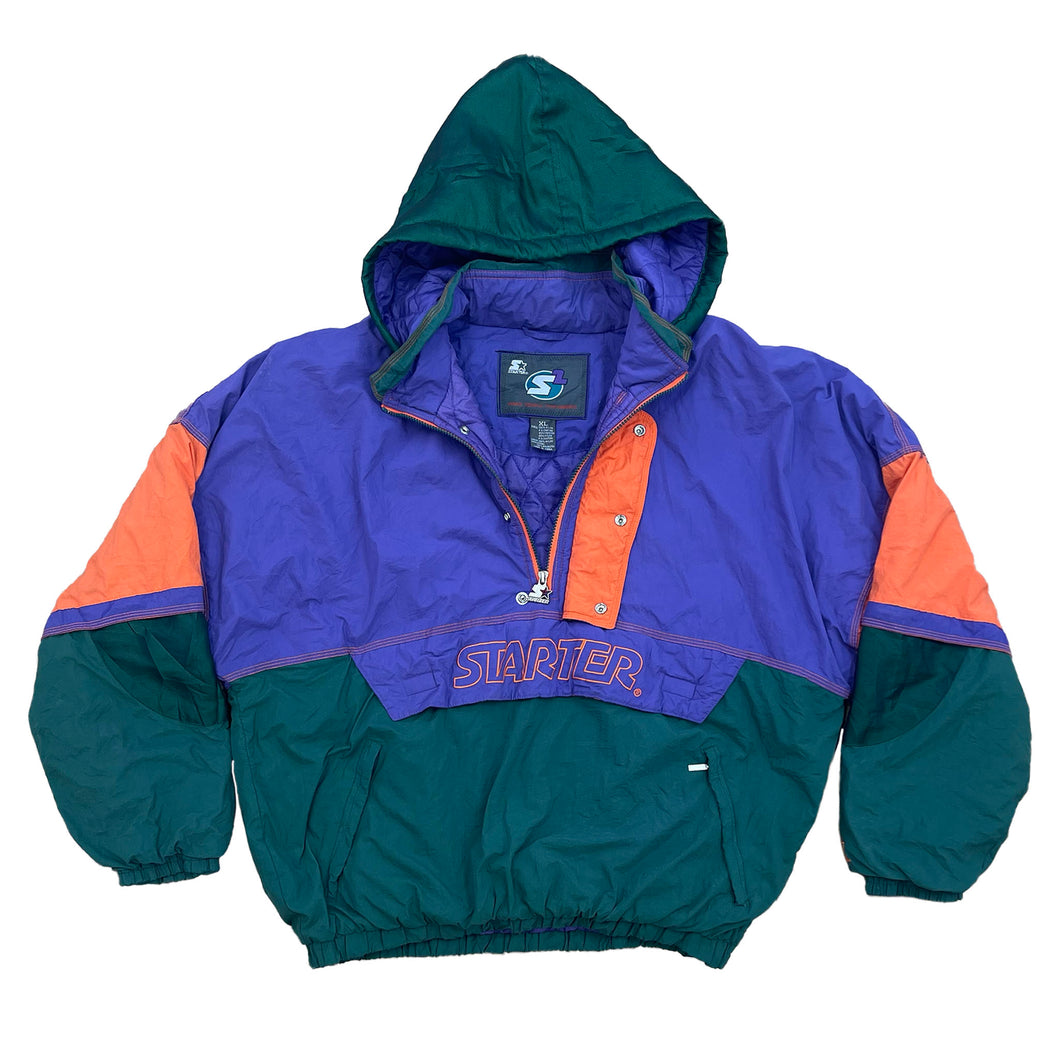 STARTER JACKET QUILTED WINDBREAKER JACKET WITH A HALF ZIP AND BUTTON CLOSURE. TWO ZIPPER HAND POCKETS. PURPLE, GREEN, AND ORANGE COLOR WITH A HOOD.