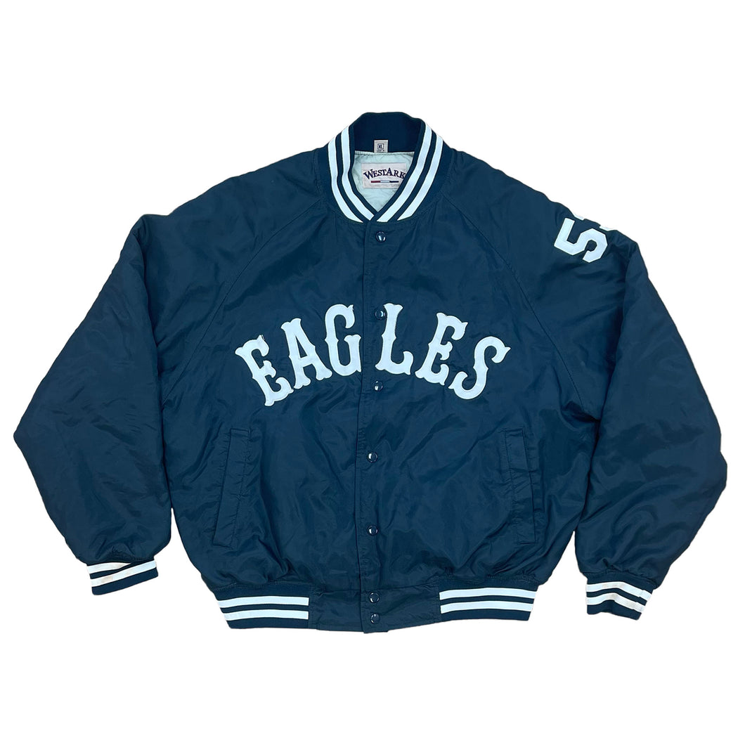 quilted baseball jacket with eagles lettering across chest. button closure with two hand pockets 