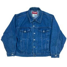 Load image into Gallery viewer, medium to dark denim wash jacket with button closure and two hand pockets and 2 breast pockets with buttons for closure
