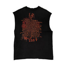 Load image into Gallery viewer, backside of cut off korn tour shirt: all the tour dates from 2007 
