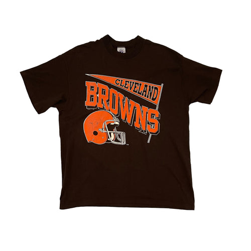 1990 cleveland brown nfl football team with orange helmet, slanting of the word browns in orange, and a cleveland orange flag