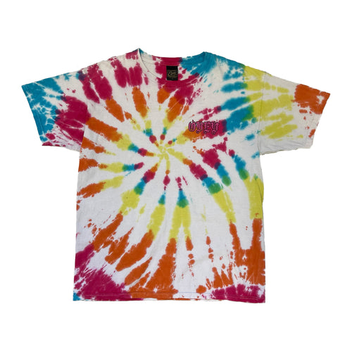 tie dye short sleeve shirt. obey logo on left chest.