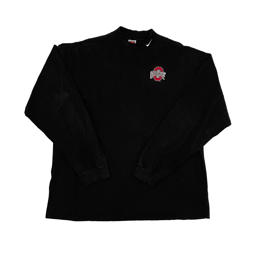 nike black mock turtleneck long sleeve with ohio state logo on the left side of the chest and the nike logo on the left side of the mock neck