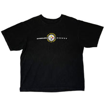 Load image into Gallery viewer, black short sleeve shirt. steelers nfl logo  yellow writing around it says pro football hall of fame. steelers legends.
