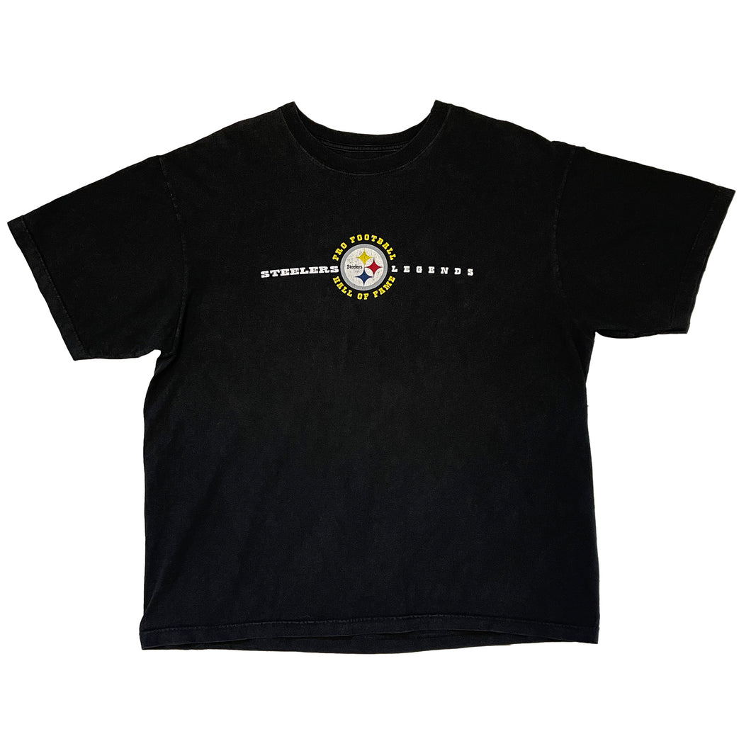 black short sleeve shirt. steelers nfl logo  yellow writing around it says pro football hall of fame. steelers legends.