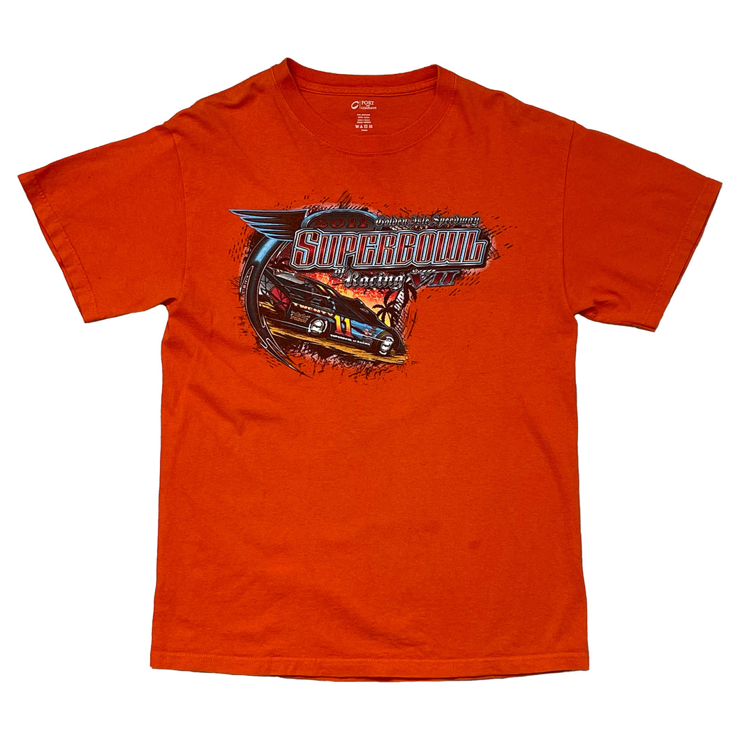 orange short sleeve shirt. graphic of 2011 golden isle speedway superbowl of racing vii. race car on the center. 