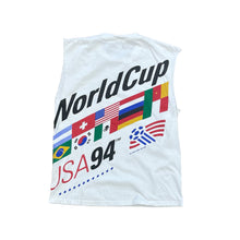 Load image into Gallery viewer, WHITE TANK CUT OFF. BACK SIDE. WORLD CUP IN BLACK WITH ALL THE FLAGS IN THE WORLD CUP OF 94. 
